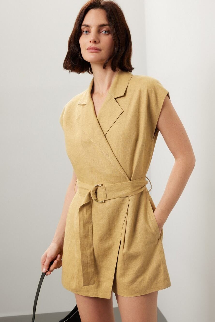 TOCCIN X RTR Khaki Brown Linen Blend Belted Utility Sarong Romper Size 10